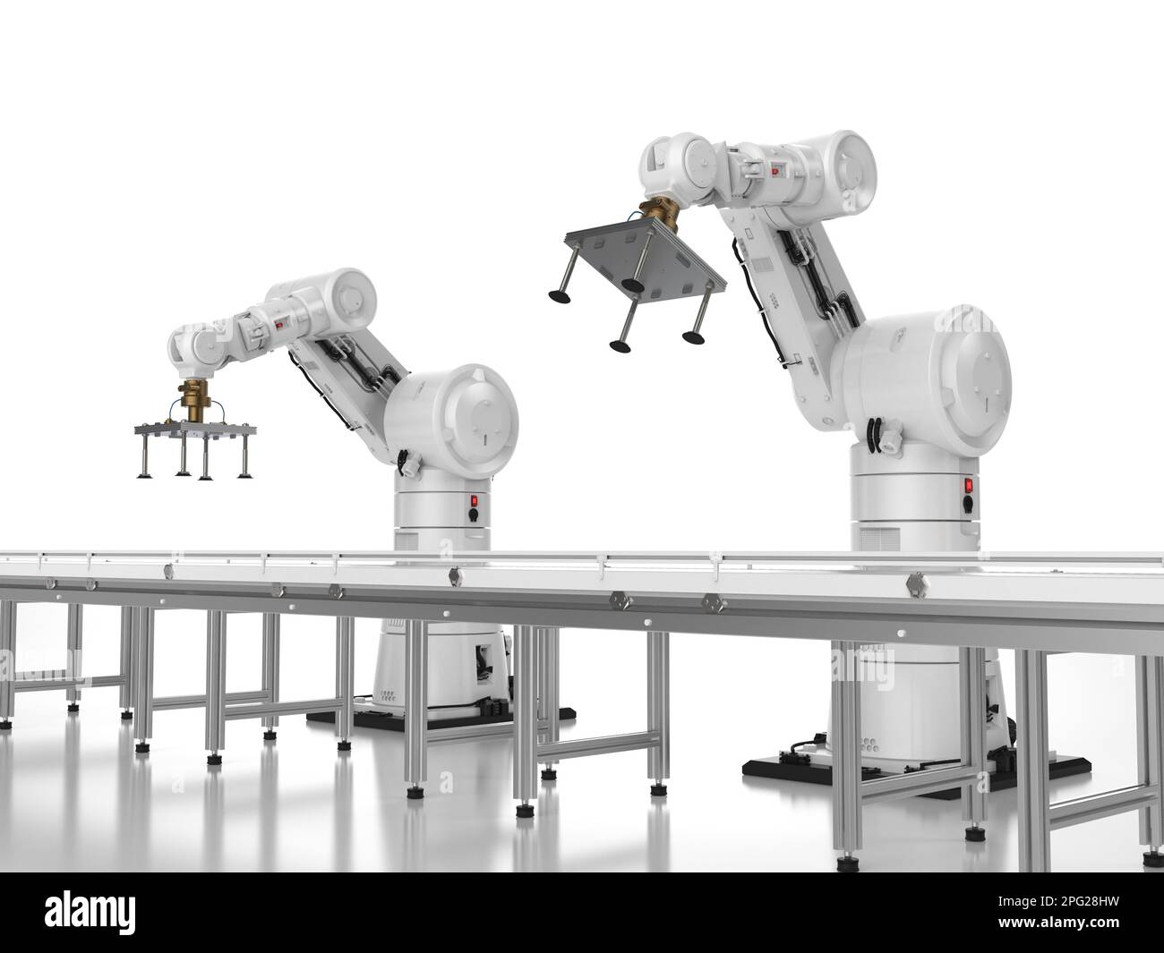 Smart factory concept with 3d rendering robot arms and empty conveyor line Stock Photo