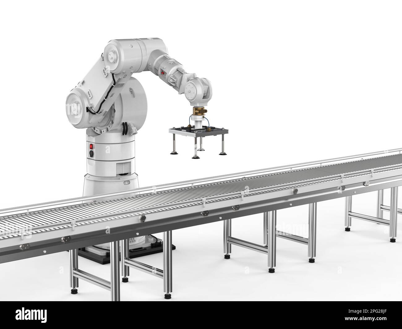 Smart factory concept with 3d rendering robot arms and empty conveyor line Stock Photo