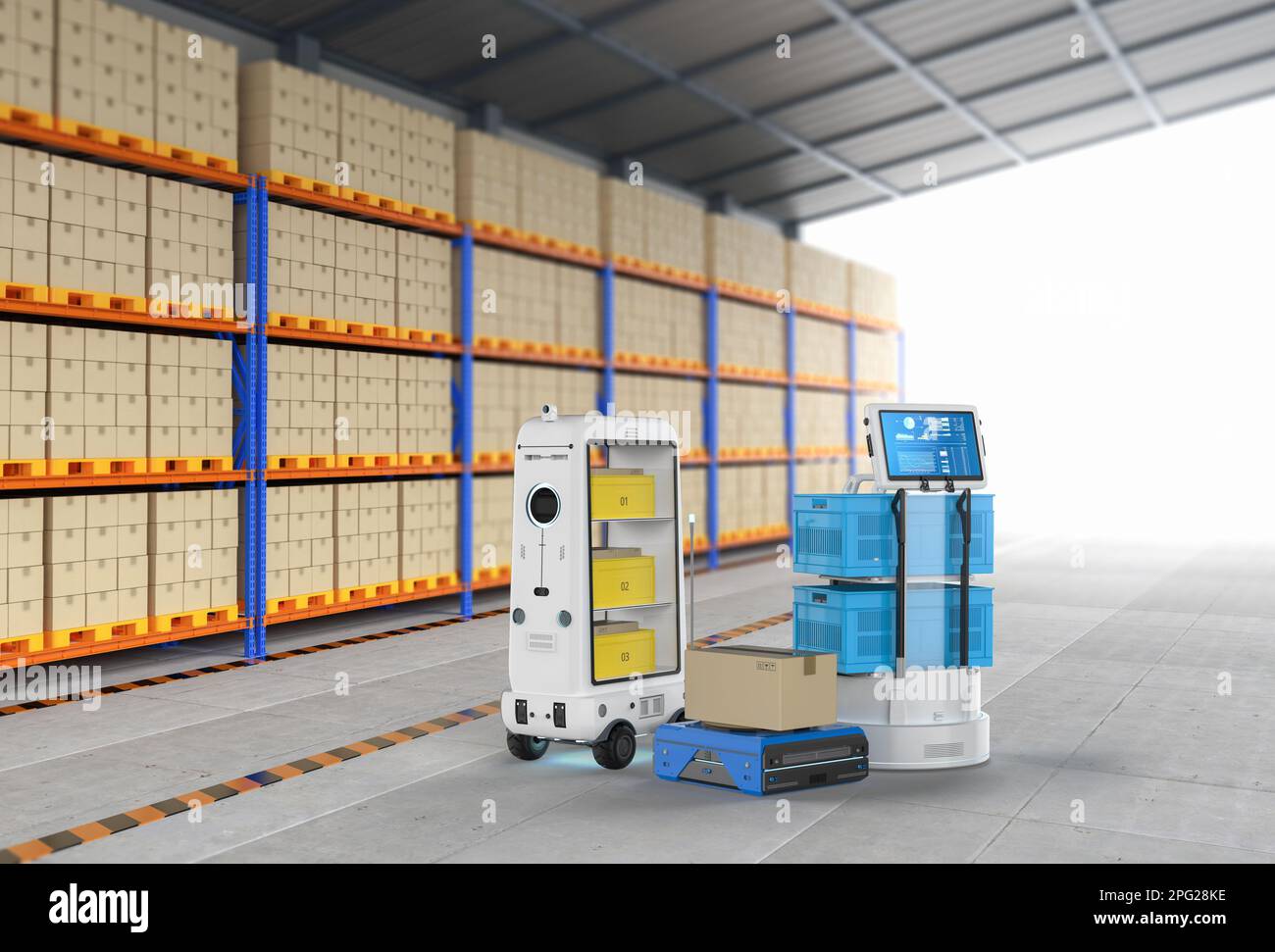 3d rendeirng warehouse robots or robotic assistants deliver boxes Stock ...