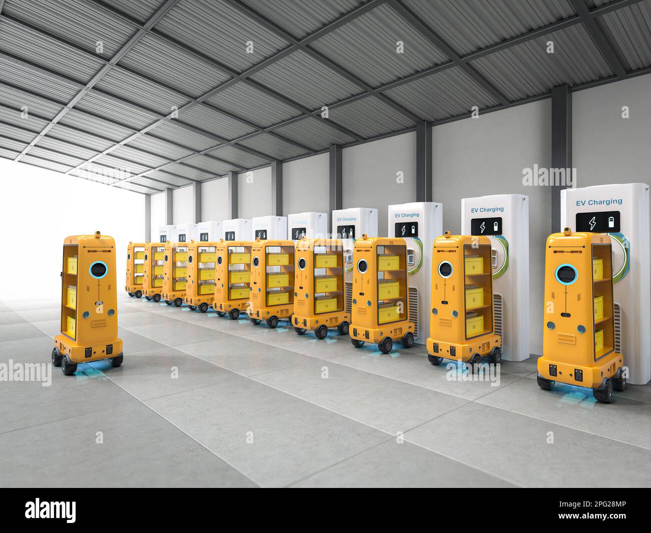 3d rendering group of warehouse robots charge with electric charging stations in a row Stock Photo