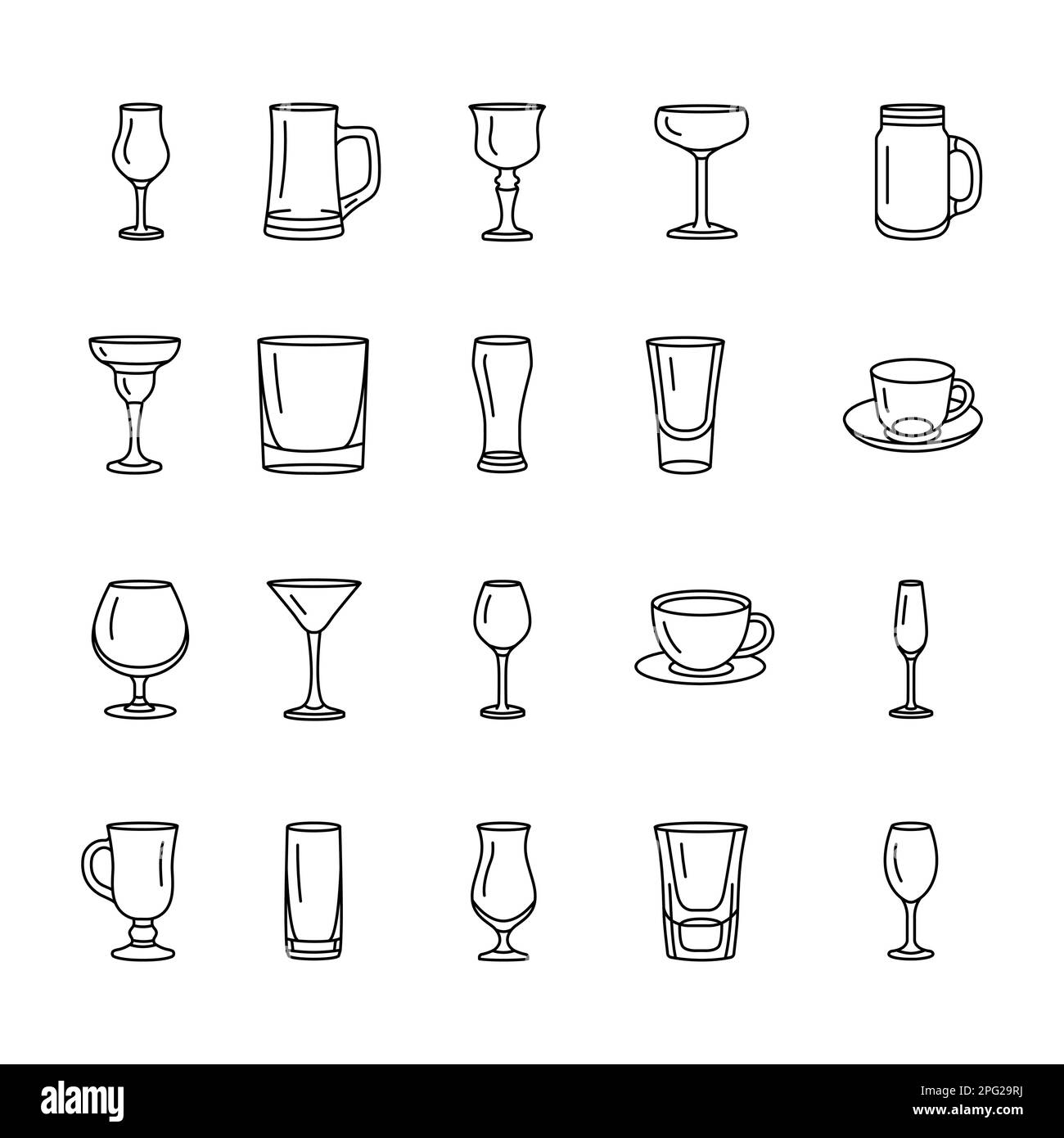 Stemware for drinks black line icons set. Pictograms for web page