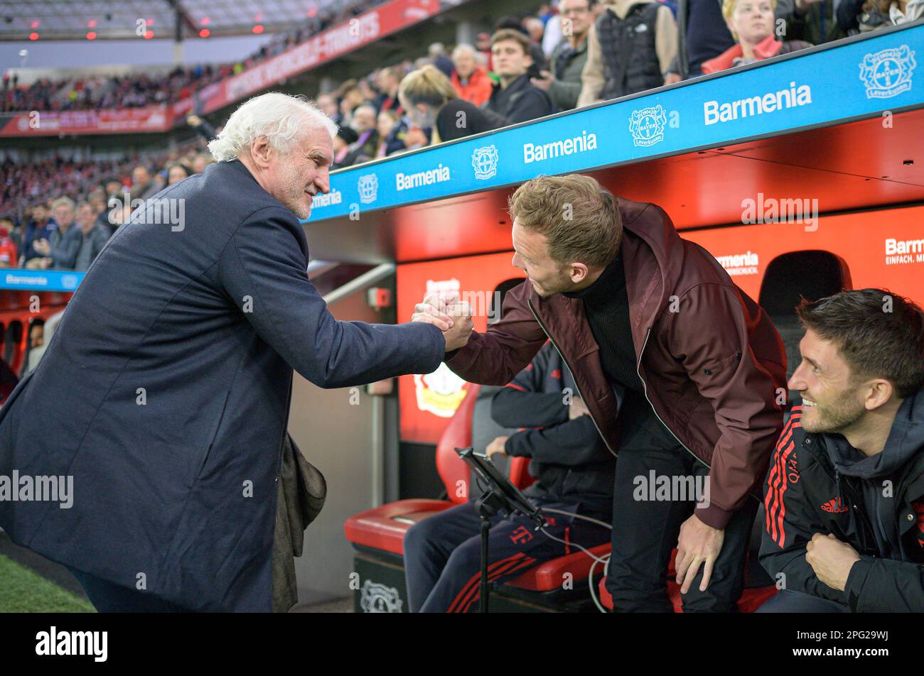 Rudi VOELLER (VOLLER) (GER, manager, managing director national team) and coach Julian NAGELSMANN r. (M) shake hands, soccer 1st Bundesliga, 25th matchday, Bayer 04 Leverkusen (LEV) - FC Bayern Munich (M) 2: 1, on 03/19/2023 in Leverkusen/ Germany. #DFL regulations prohibit any use of photographs as image sequences and/or quasi-video # Stock Photo