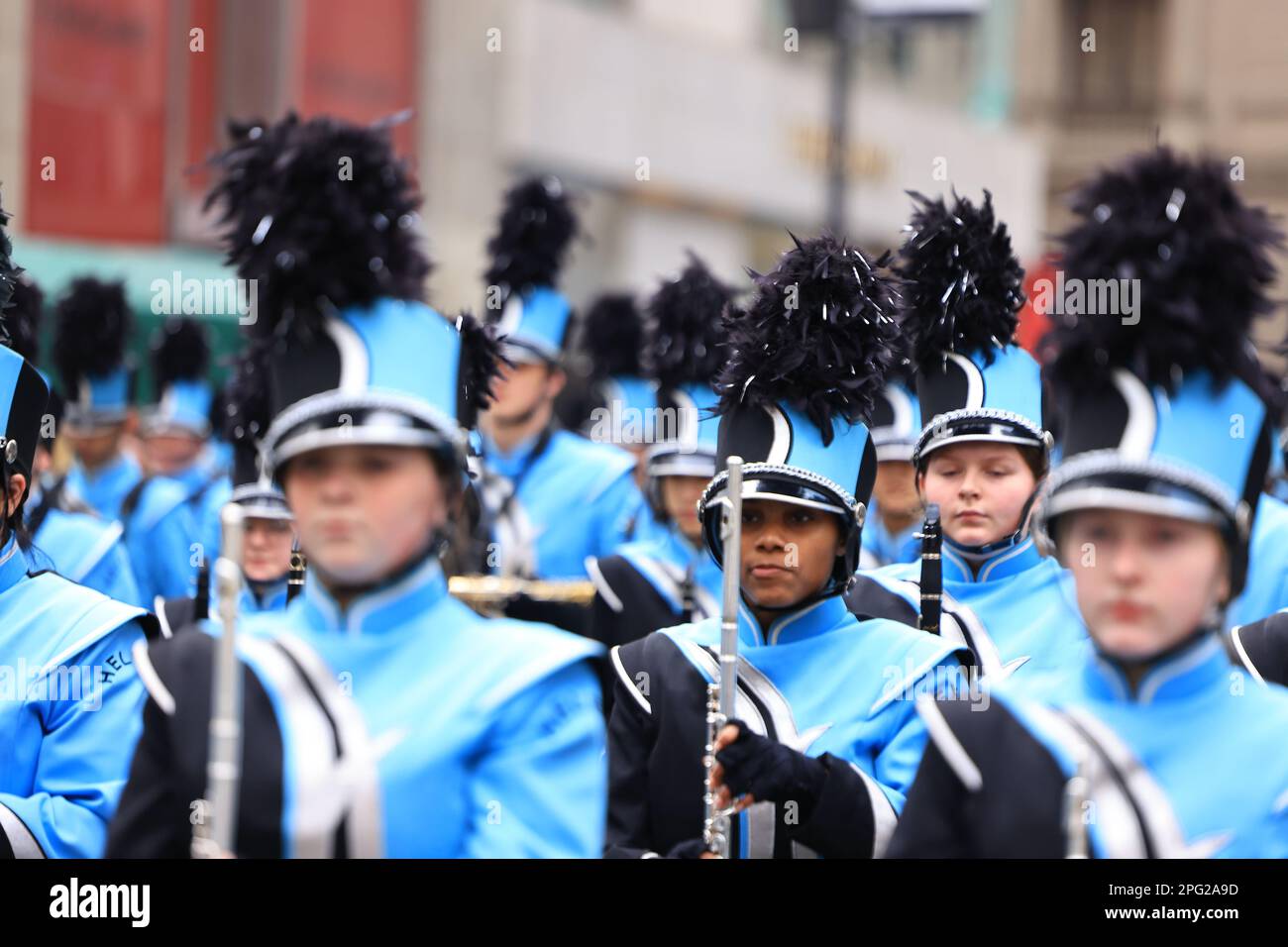 The Helena High School Band marches during the St. Patrick's Day Parade ...