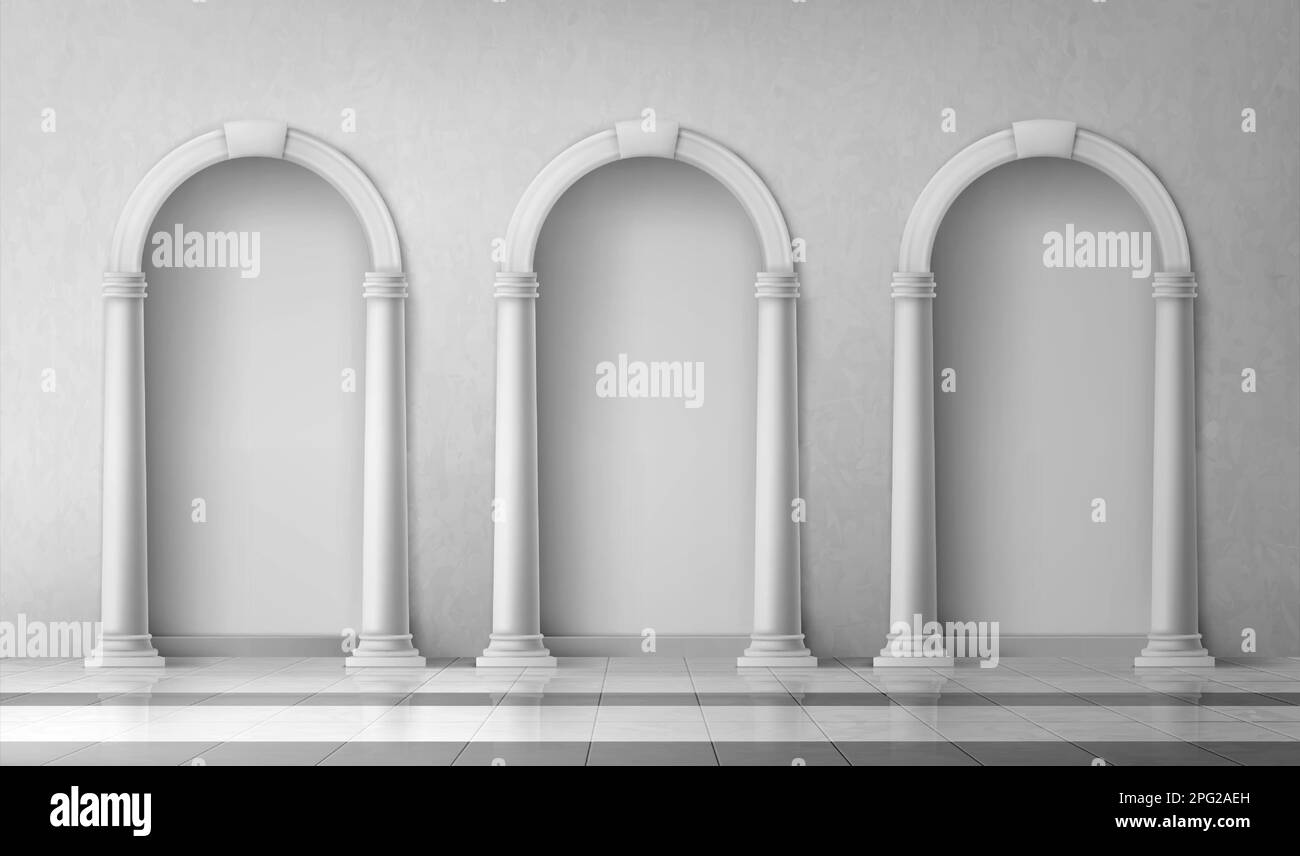 Arches with columns in wall, interior gates with white pillars in