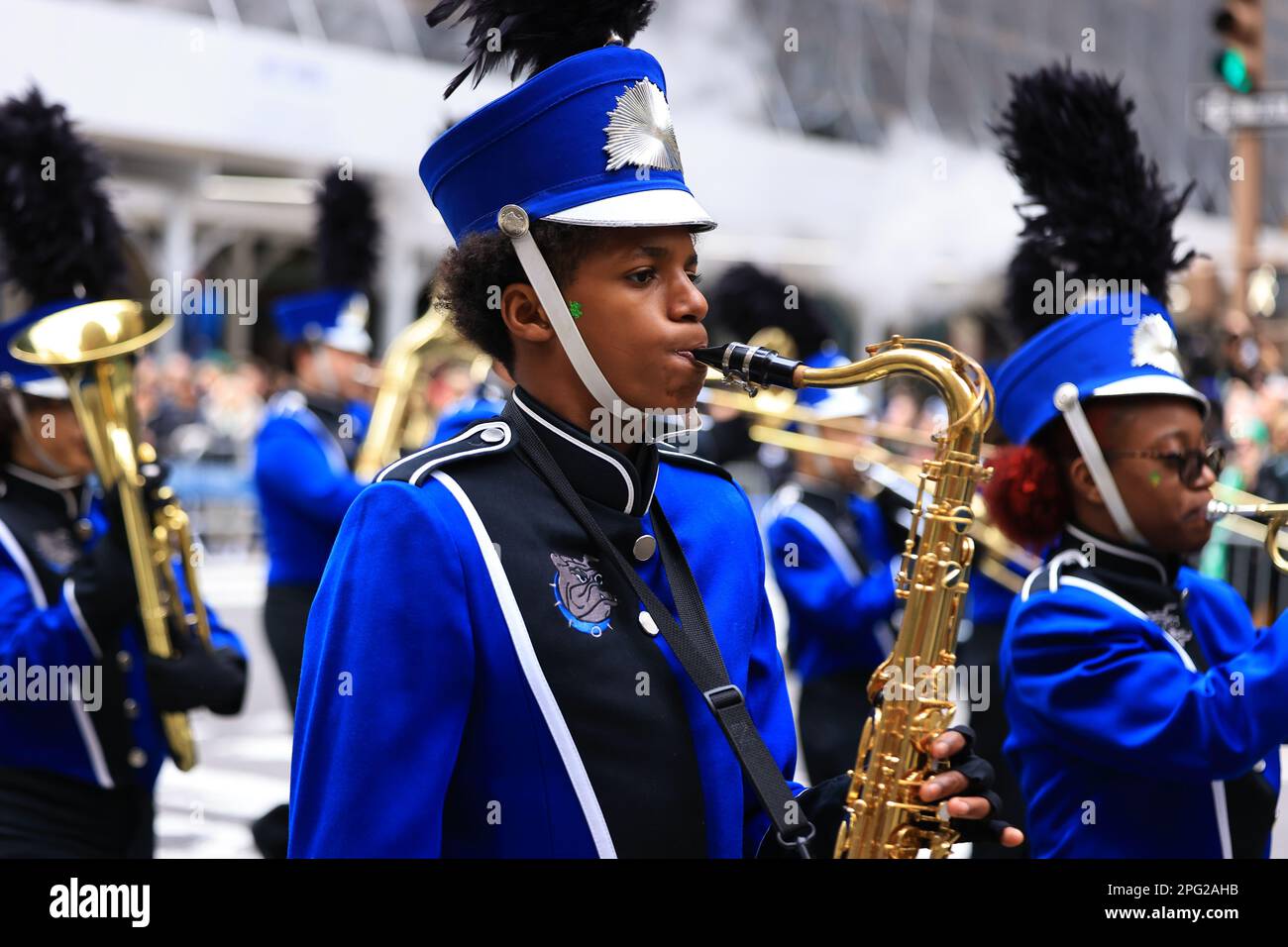 The North Babylon High School Band marches during the St. Patrick's Day