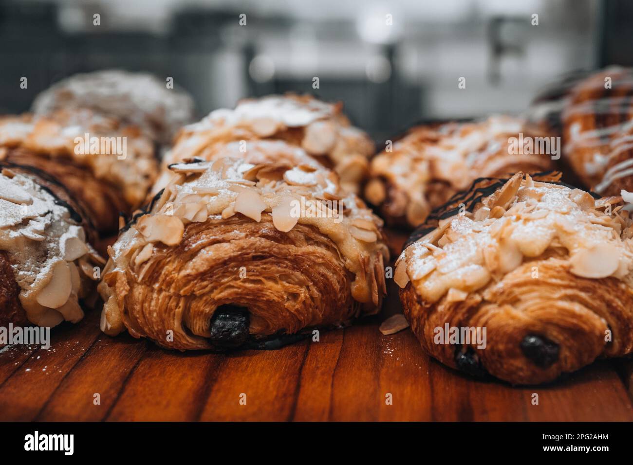 Sweet crispy fresh croissants with almonds Stock Photo