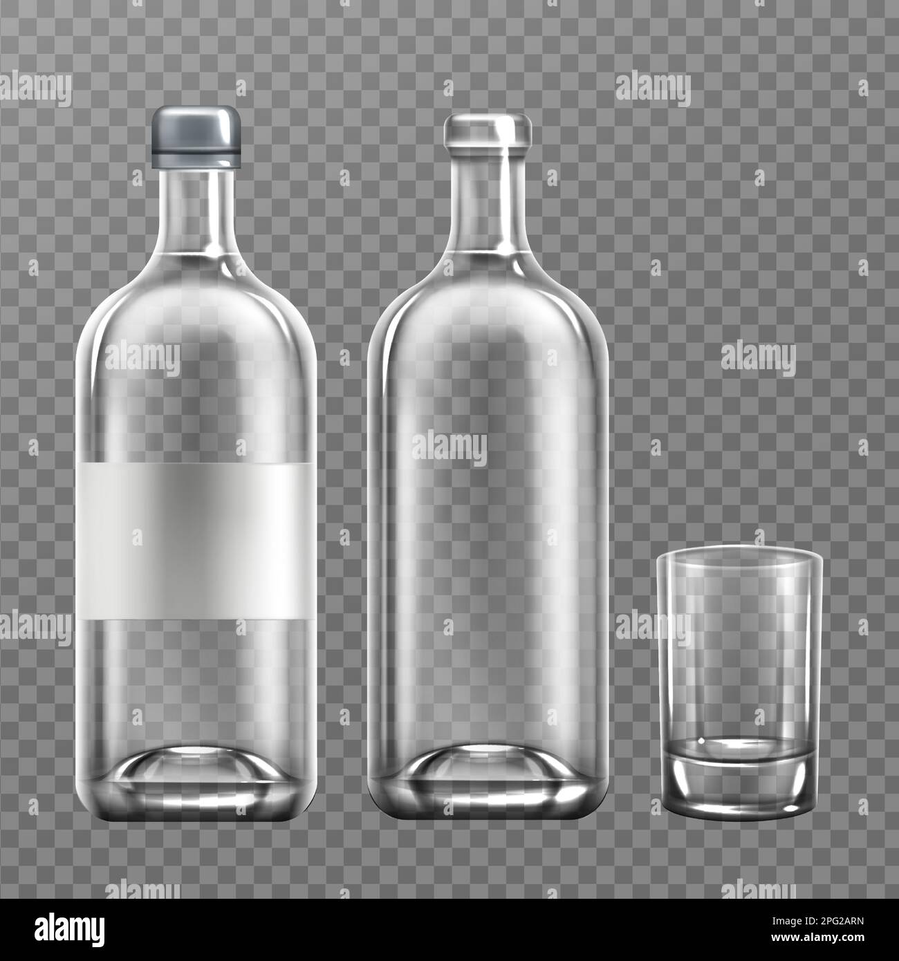 Vodka glass bottle realistic vector illustration. Open and closed cap alcohol packaging filled with clear liquid, with blank label, and empty drinking glass isolated on transparent background, mockup Stock Vector