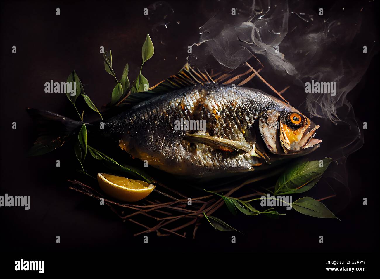 Grilled sea bream fish with herbs and lemon, illustration digital art