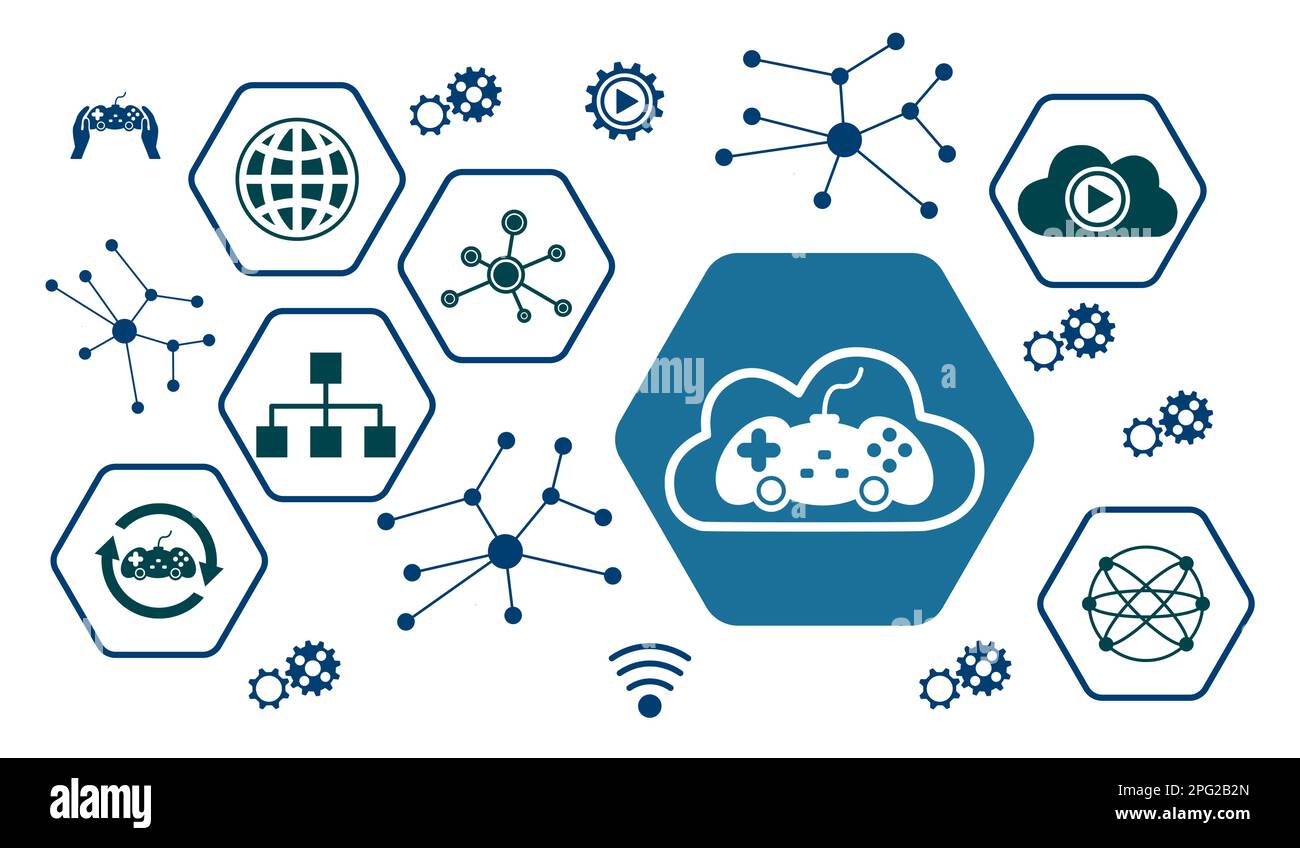Concept of cloud gaming with icons in hexagons Stock Photo - Alamy