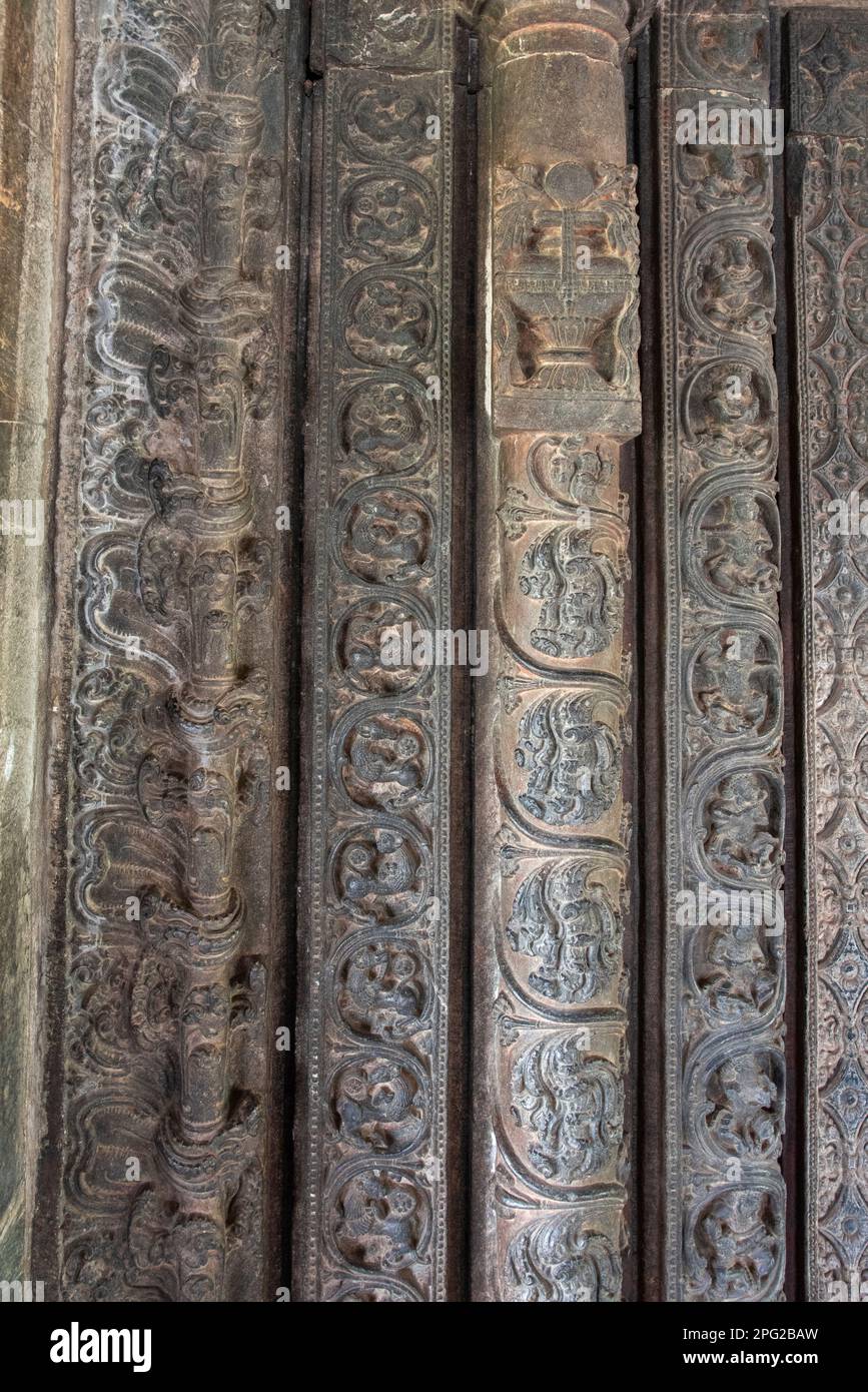 Intricately carved doorway in Brahma Jinalaya Temple of Lakkundi. It is an early 11th-century Mahavira temple in Gadag District of Karnataka, India Stock Photo
