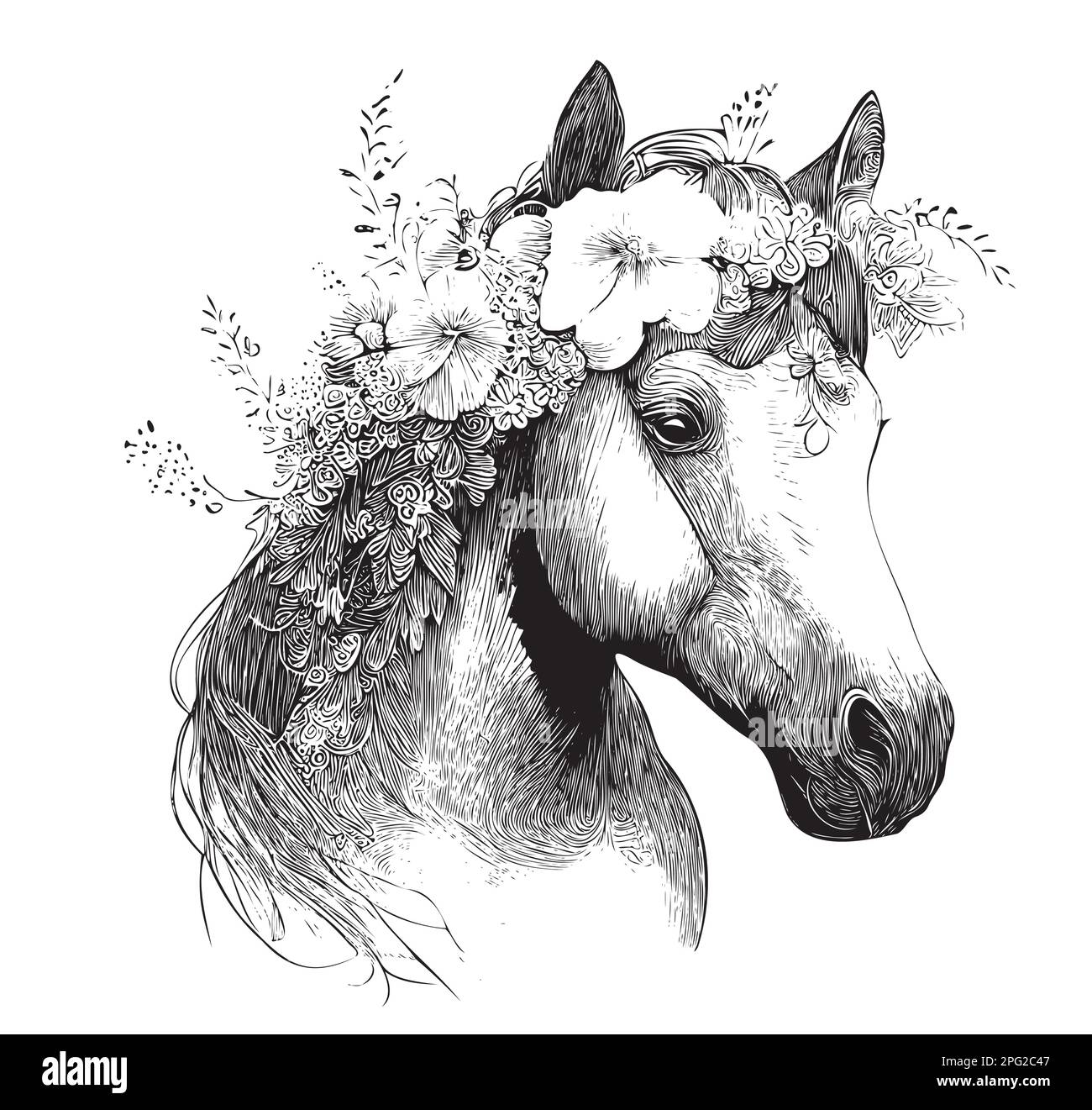 Horse head with flowers on head hand drawn sketch illustration Stock Vector Image & Art Alamy
