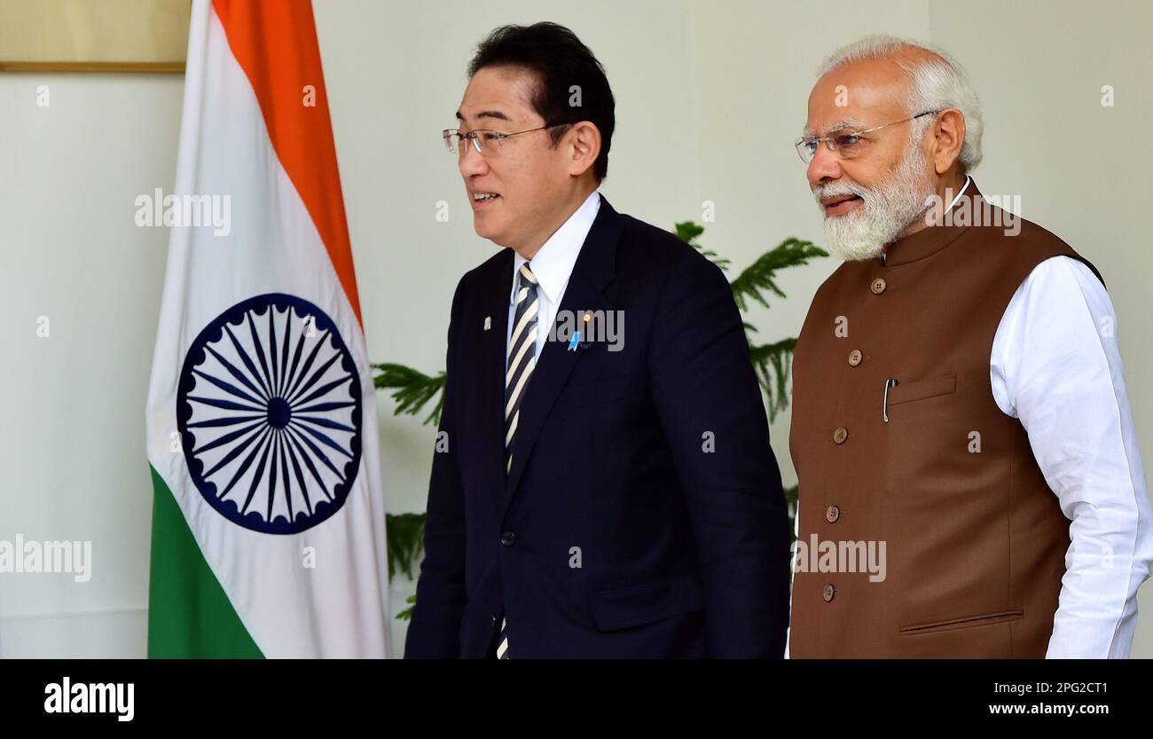 New Delhi, India. 20th Mar, 2023. New Delhi, India. Prime Minister Narendra Modi with Japanese Prime Minister Fumio Kishida before their meeting at the Hyderabad House, in New Delhi, Monday, March 20, 2023. Credit: PRASOU/Alamy Live News Credit: PRASOU/Alamy Live News Stock Photo