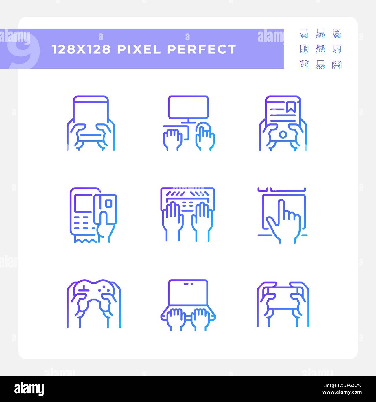 Hands using gadgets pixel perfect gradient linear vector icons set Stock Vector