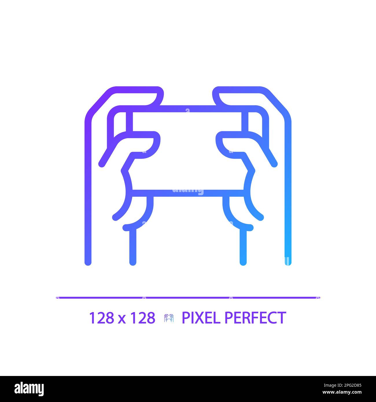 Holding smartphone with two hands pixel perfect gradient linear vector icon Stock Vector