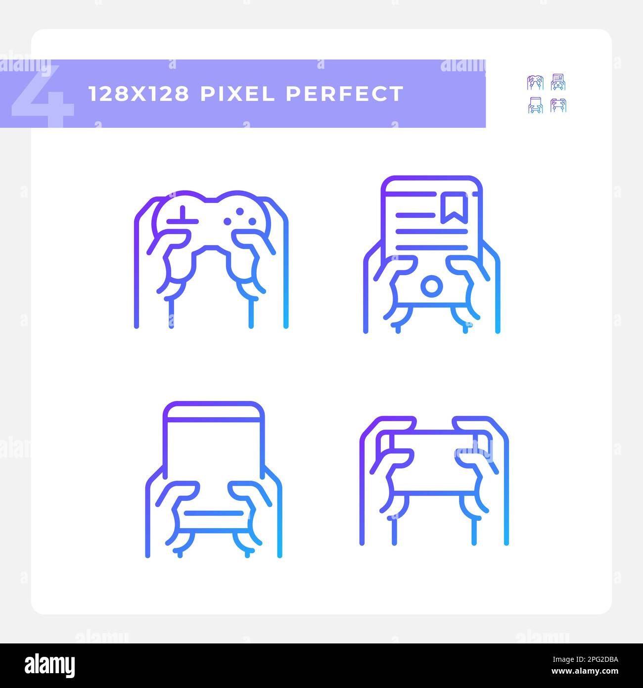 Hands with amusing gadgets pixel perfect gradient linear vector icons set Stock Vector