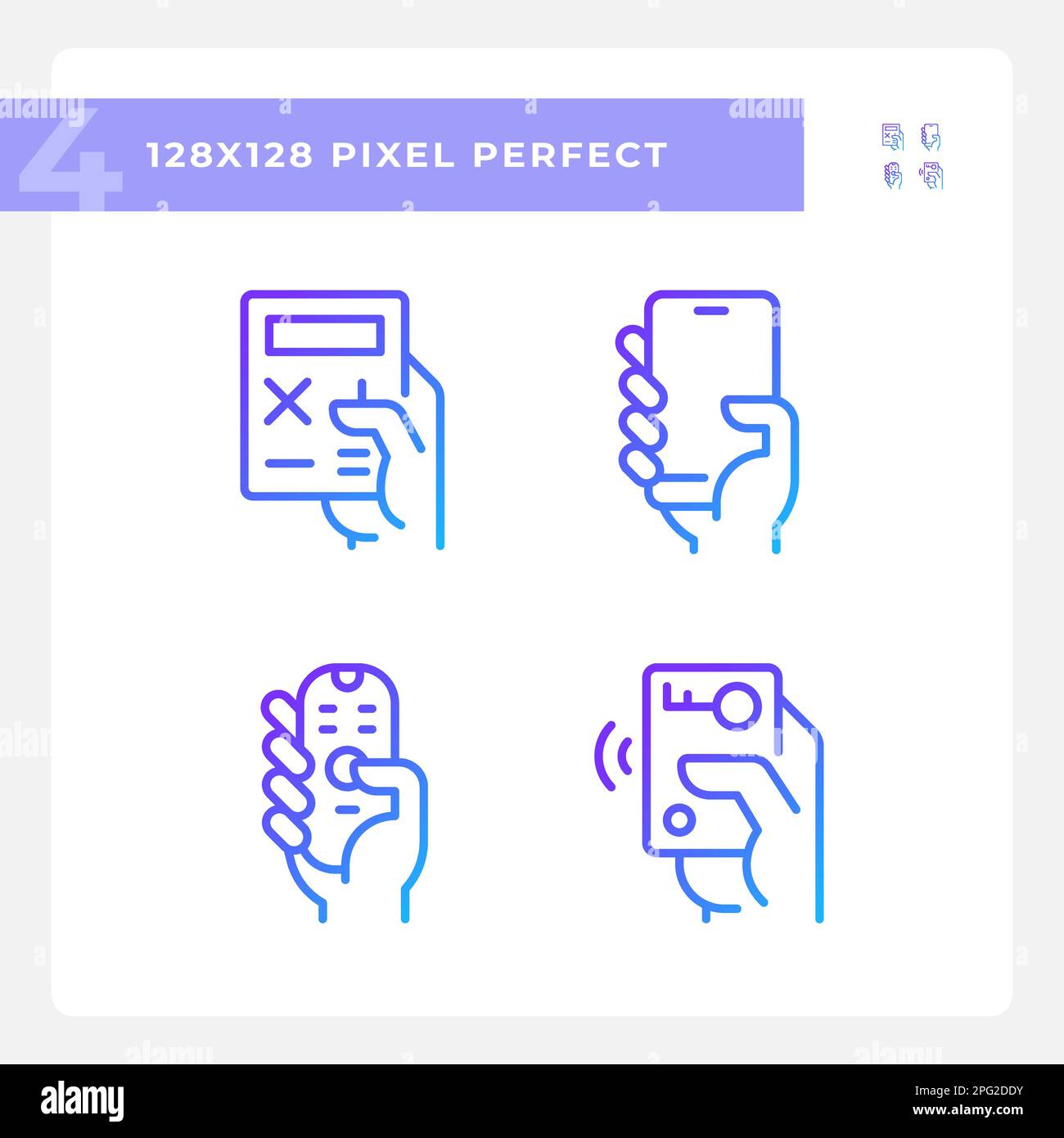 Hands with mobile devices pixel perfect gradient linear vector icons set Stock Vector
