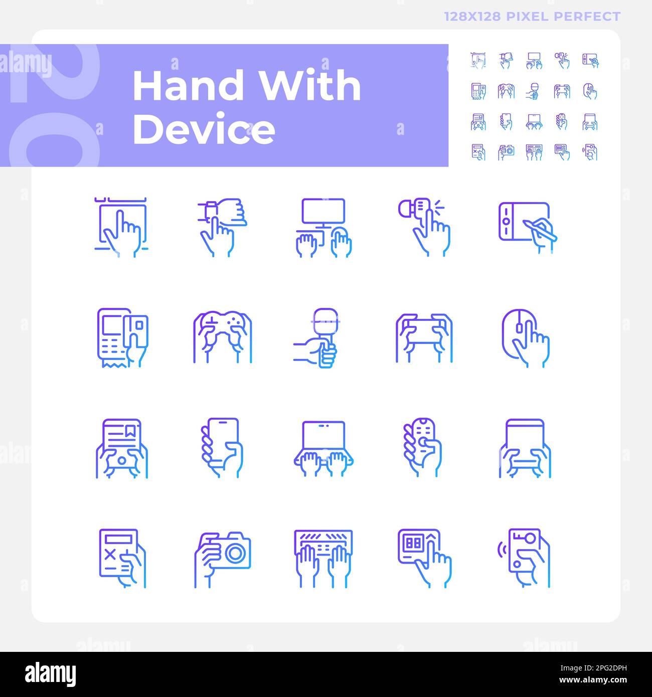 Hands with devices pixel perfect gradient linear vector icons set Stock Vector