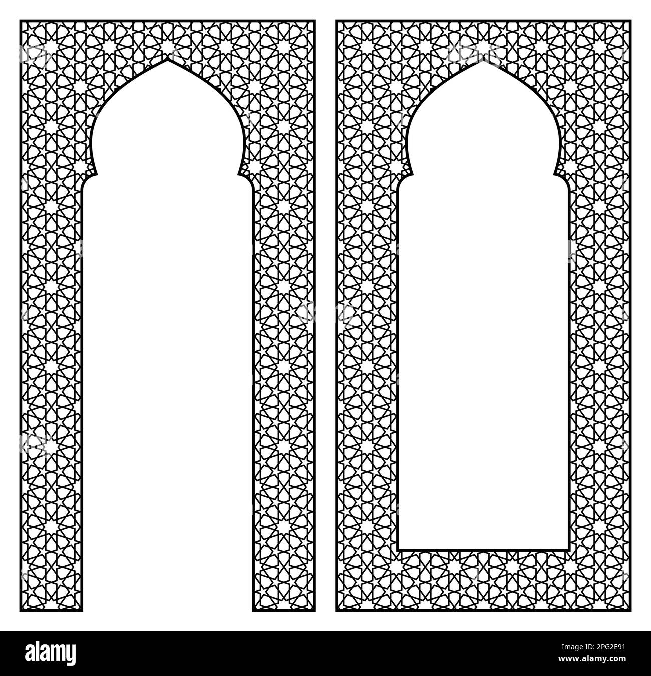 Arches, frames design elements.Proportion 2x1. Arabic geometric ornament.Black color. Stock Vector