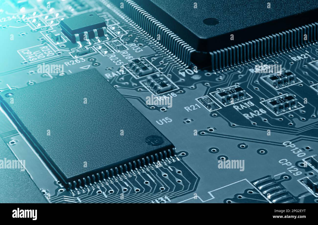 Closeup of Printed Circuit Board with processor, integrated circuits