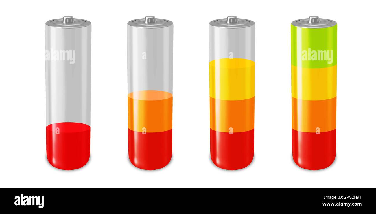Battery charge full power energy level. Recharge battery indicator. Low