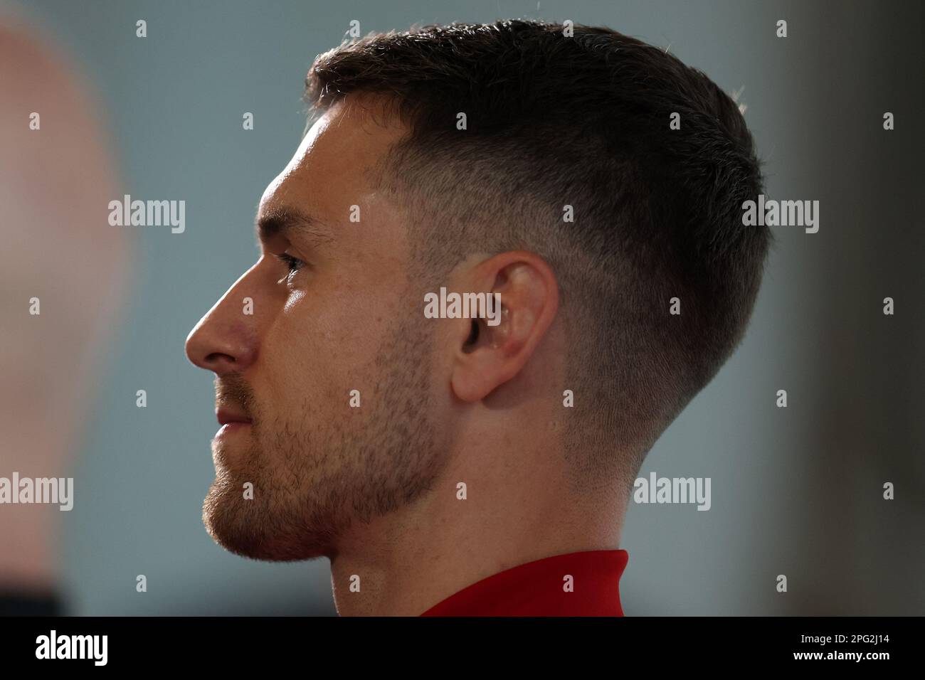 Cardiff, UK. 20th Mar, 2023. Aaron Ramsey, the newly announced captain of the Wales football team speaks to the media. Wales football press conference at the Vale Resort in South Wales on Monday 20th March 2023. pic by Andrew Orchard/Andrew Orchard sports photography/ Alamy Live News Credit: Andrew Orchard sports photography/Alamy Live News Stock Photo