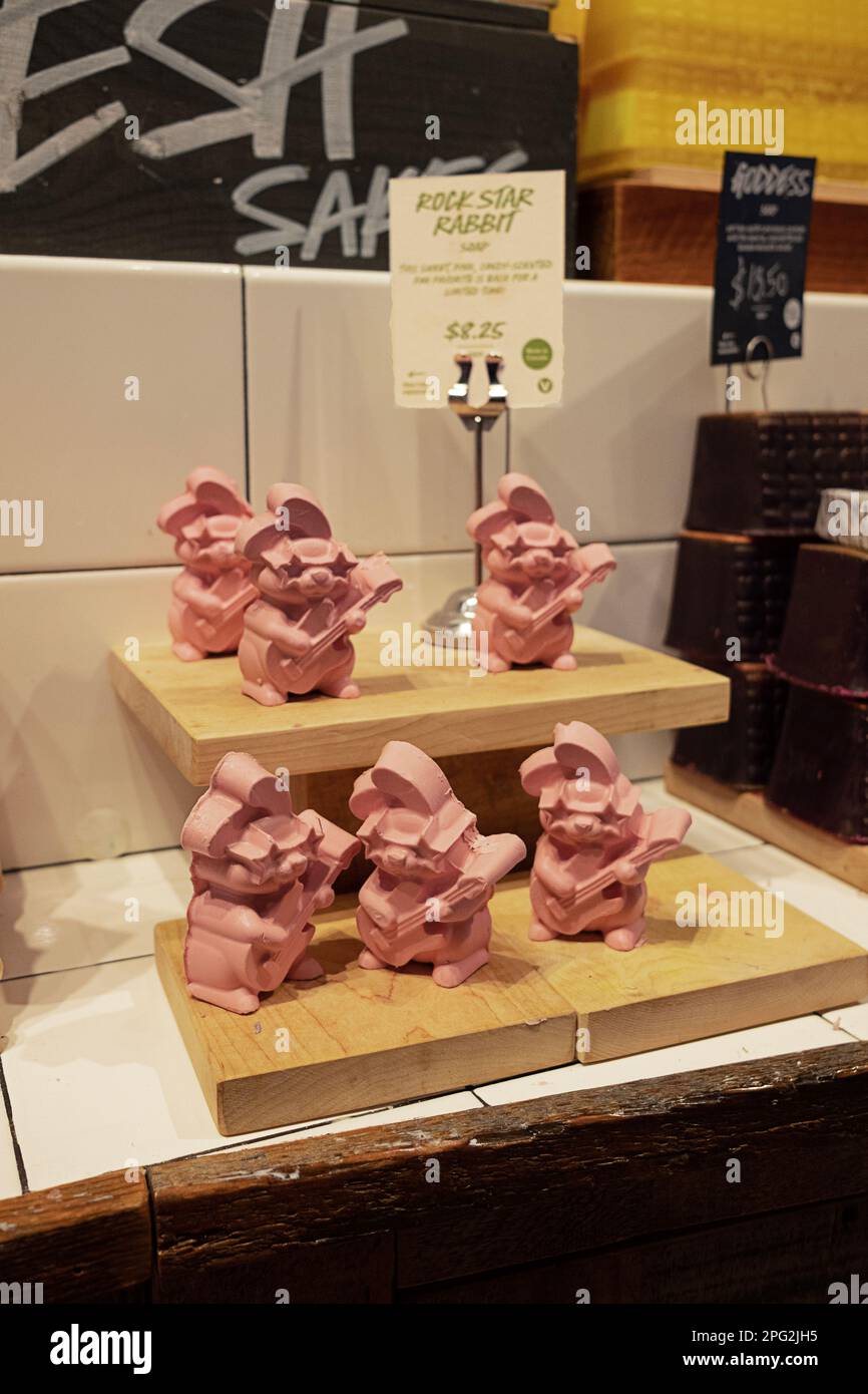 Rock Star Rabbit soap bars for sale at Lush, a handmade organic cosmetics store of East 14th Street in Manhattan, New York City. Stock Photo
