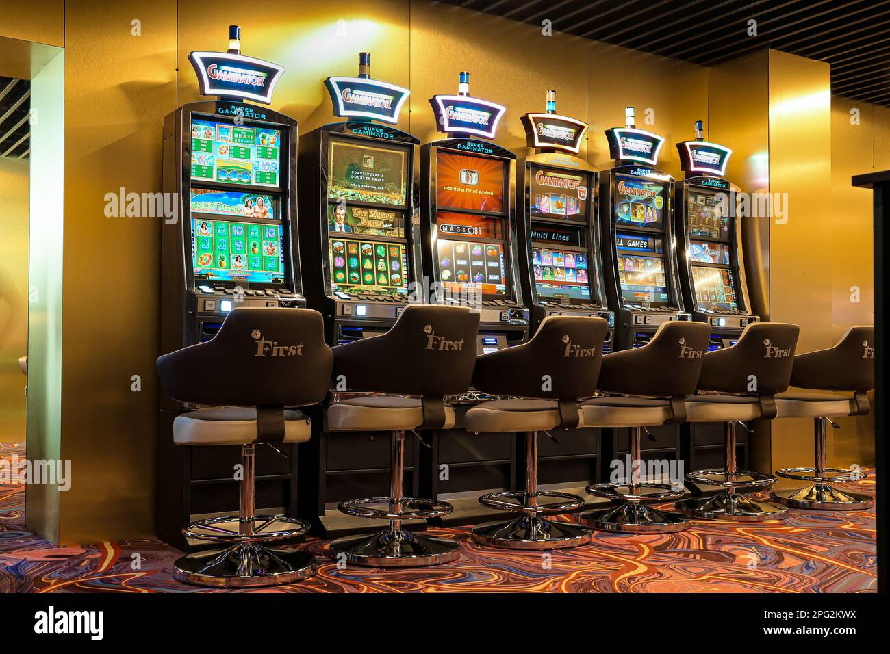 Nikolaev, Ukraine, - October 21, 2021: slot machines of the casino 'First' in the hotel 'Green Day'. Deluxe Game Club in the hotel. Stock Photo