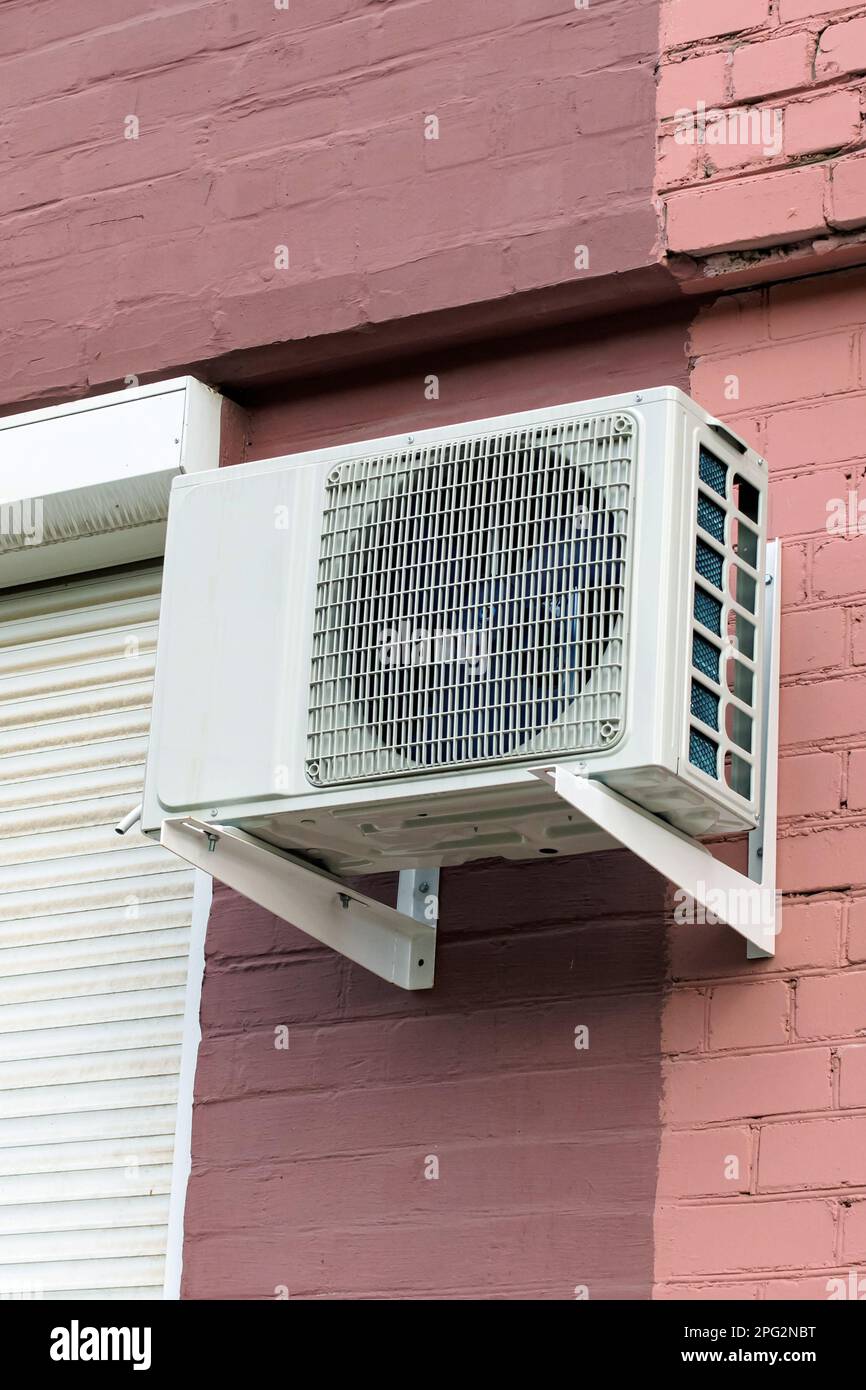 Air conditioning on a red brick building wall Stock Photo Alamy