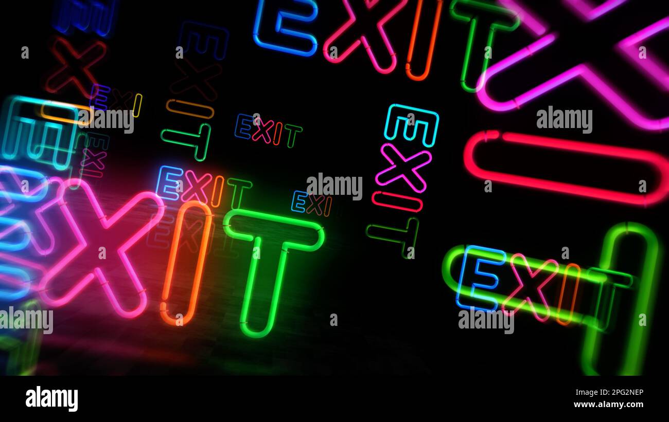 Exit neon symbol. Emergency danger and escape light color bulbs