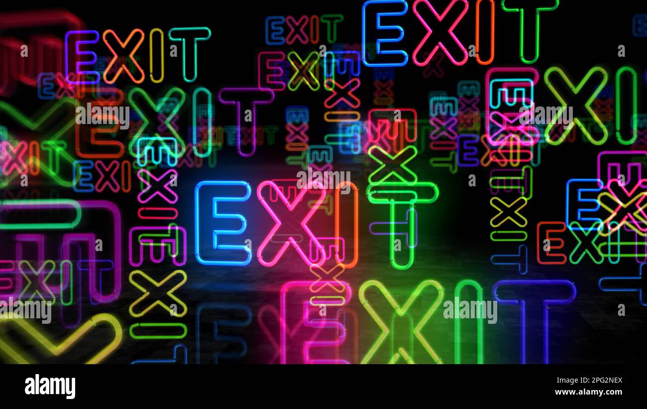 Exit neon symbol. Emergency danger and escape light color bulbs