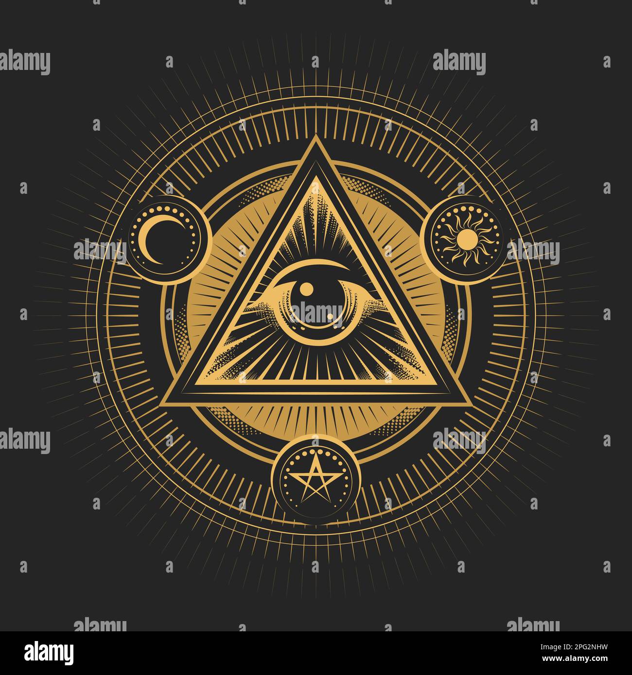 Occult Emblem of Masonic All seeing Eye of Providence  isolated on Black Background. Vector illustration Stock Vector