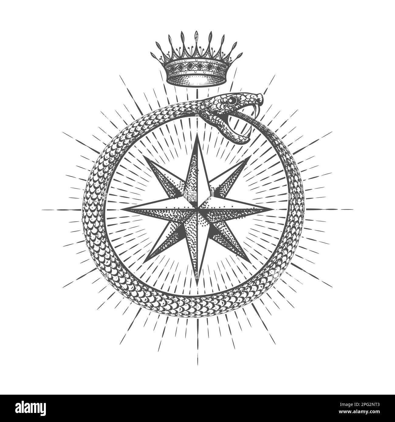 Esoteric Tattoo of Ouroboros Snake Eat Their Tails with Crown Wind Rose isolated on white. Vector illustration Stock Vector