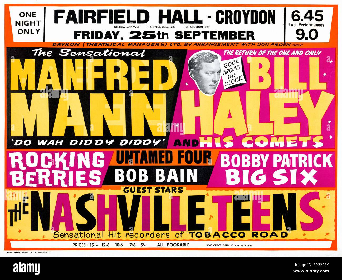 Vintage concert poster - Fairfield Hall Croydon - Manfred Mann, Bill Haley and his Comets, The Nashville Teens 1964 Stock Photo