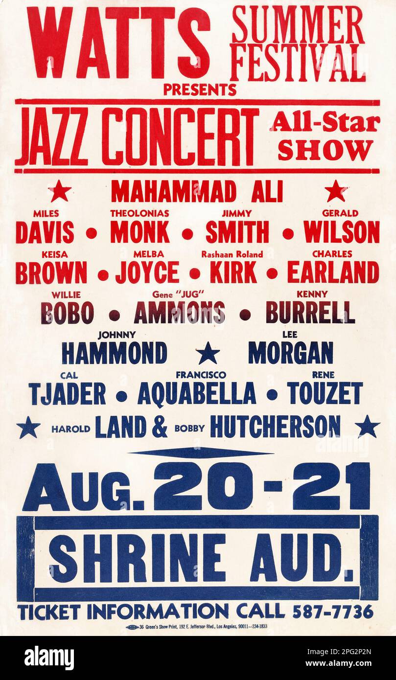 Vintage poster - Jazz Concert - Miles Davis - Thelonious Monk - Muhammad Ali - Watts Summer Festival Concert Poster (1967) Stock Photo