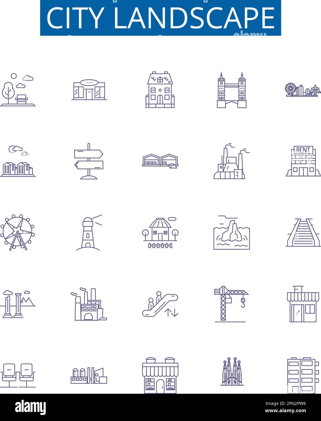 City landscape line icons signs set. Design collection of Urban, skyline, streetscape, skyline, architecture, metropolis, vista, hustle outline Stock Vector