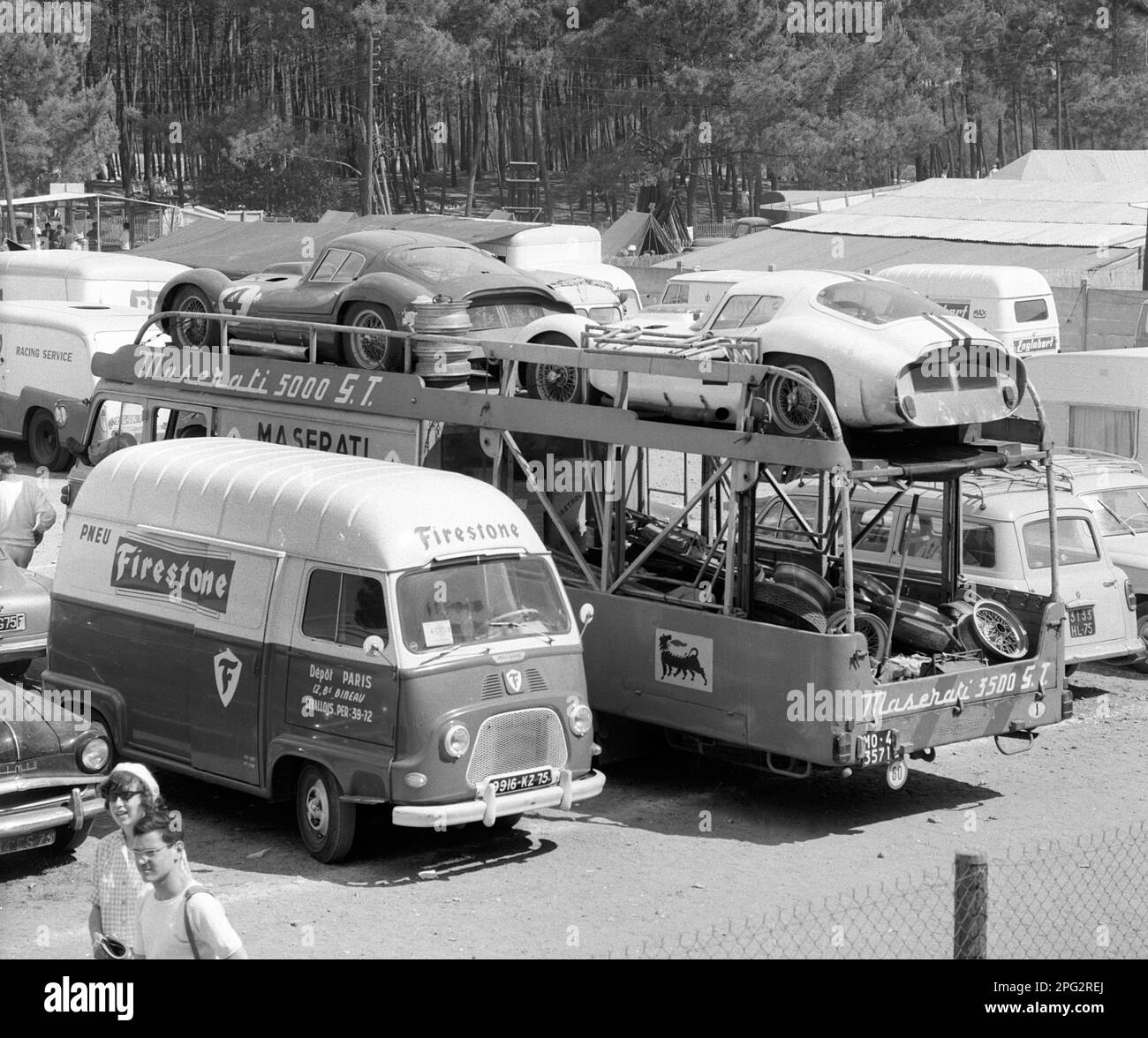 Maserati team transporter in paddock at 1962 Le Mans race Stock Photo