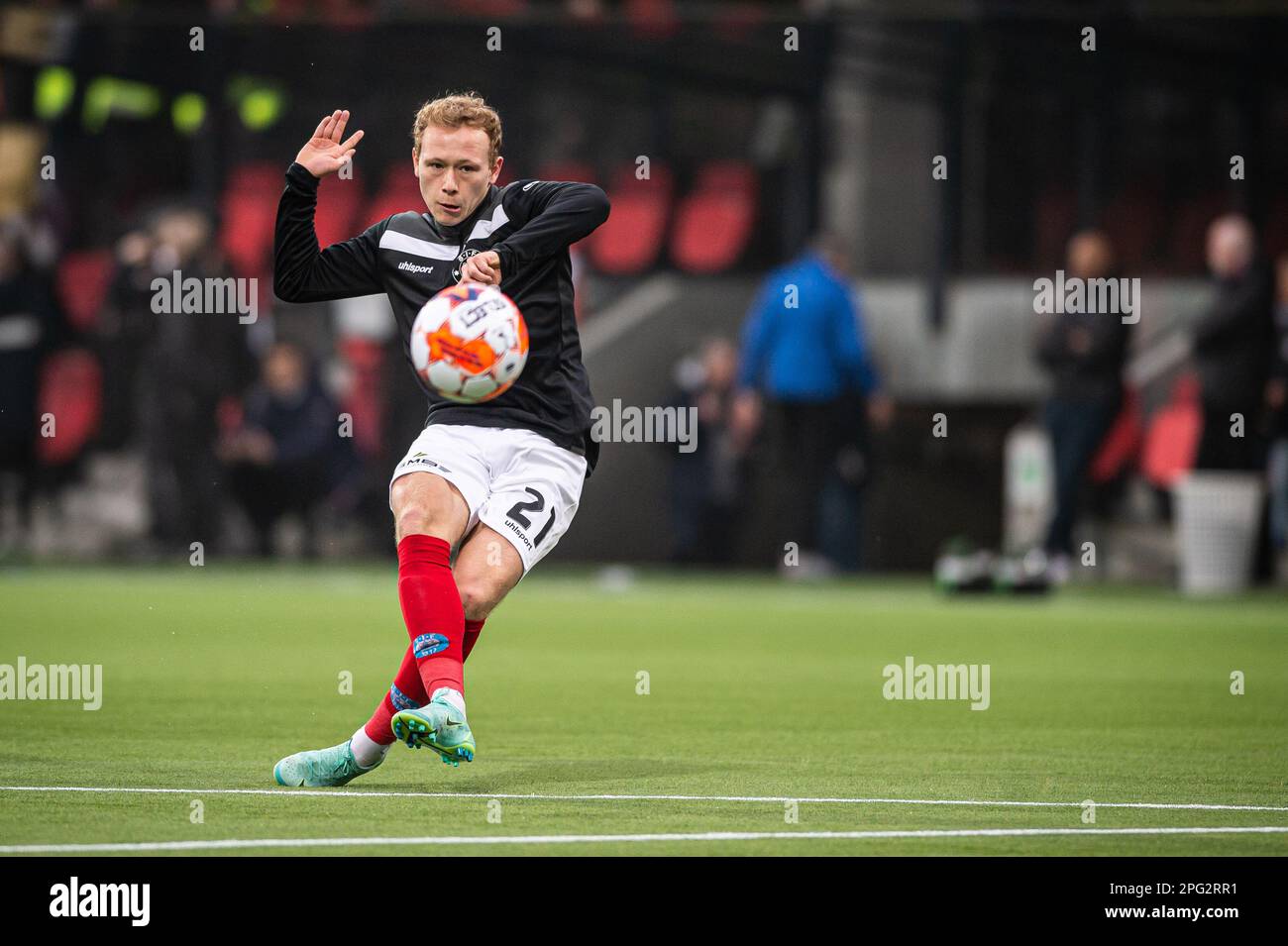 Silkeborg, Denmark. 19th Mar, 2023. Anders Klynge (21) of Silkeborg IF is warming up before the 3F Superliga match between Silkeborg IF and FC Midtjylland at Jysk Park in Silkeborg. (Photo Credit: Gonzales Photo/Alamy Live News Stock Photo