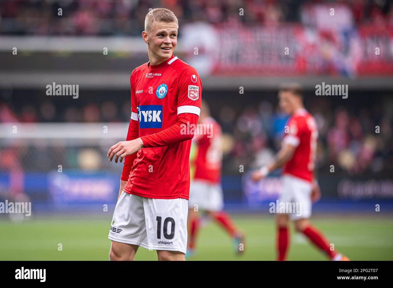 Silkeborg, Denmark. 19th Mar, 2023. Soren Tengstedt (10) of Silkeborg IF seen during the 3F Superliga match between Silkeborg IF and FC Midtjylland at Jysk Park in Silkeborg. (Photo Credit: Gonzales Photo/Alamy Live News Stock Photo