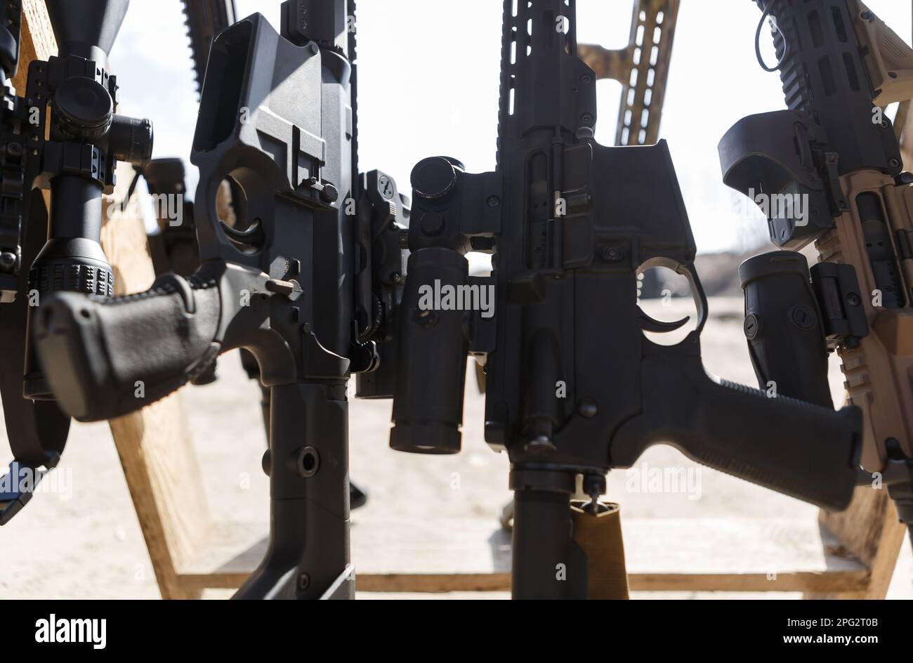 Modern American assault rifles equipped with optical scopes and