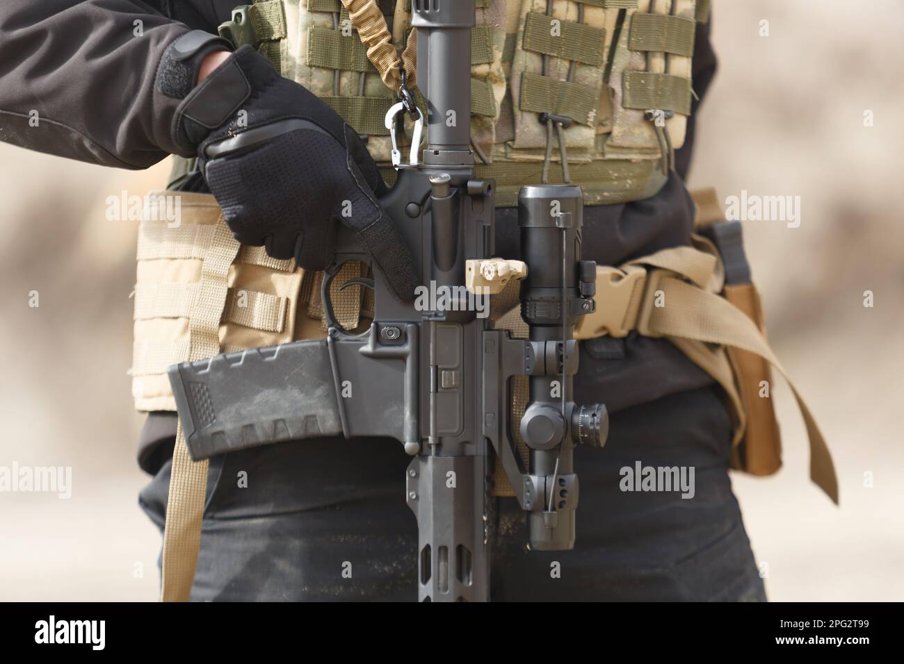 Ukrainian soldier equipped with modern American assault rifle with