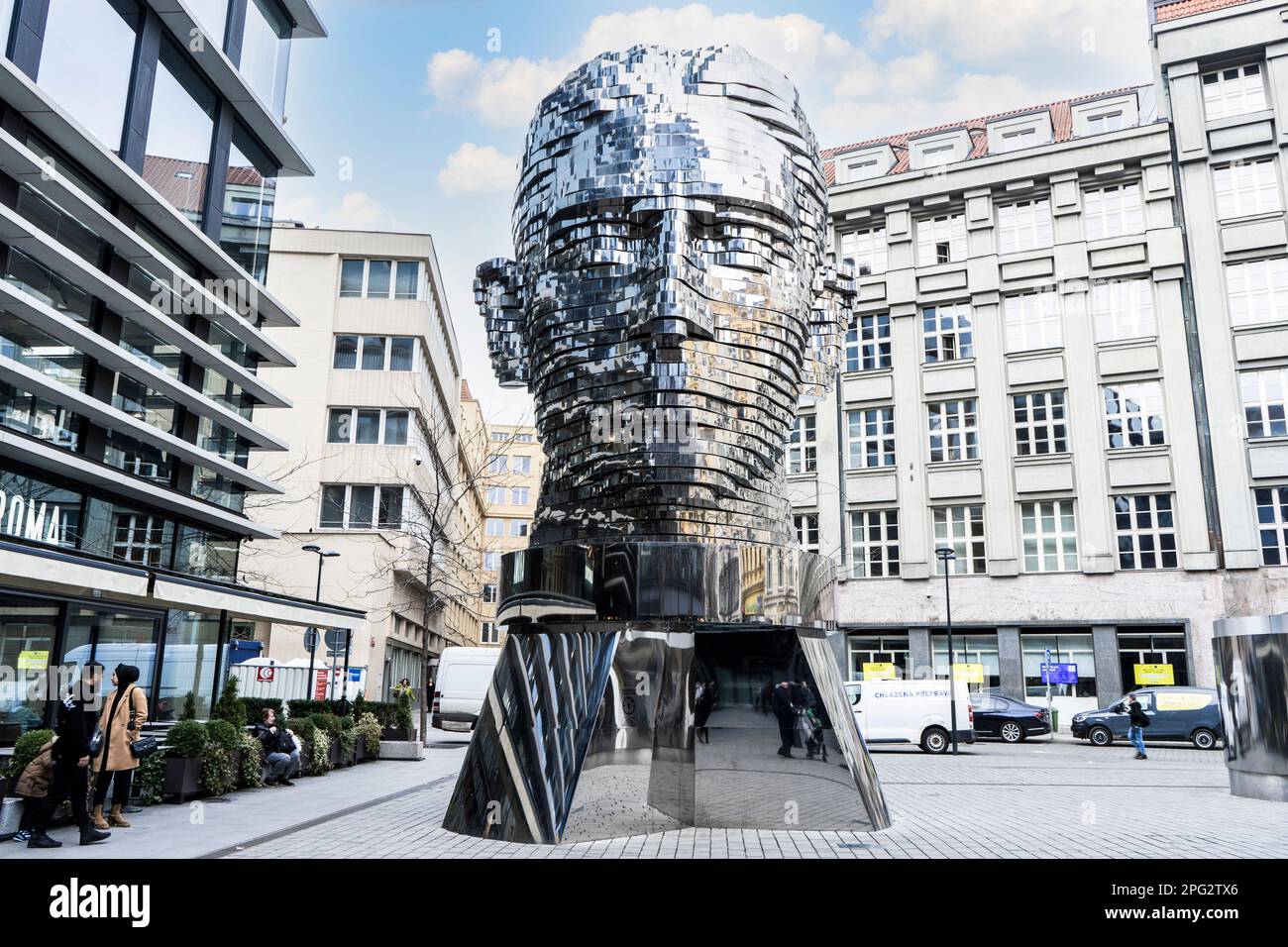 Kafka Rotating Head.  A rotating sculpture of Franz Kafka created by David Cerny  installed outdoors in the centre of Prague Stock Photo