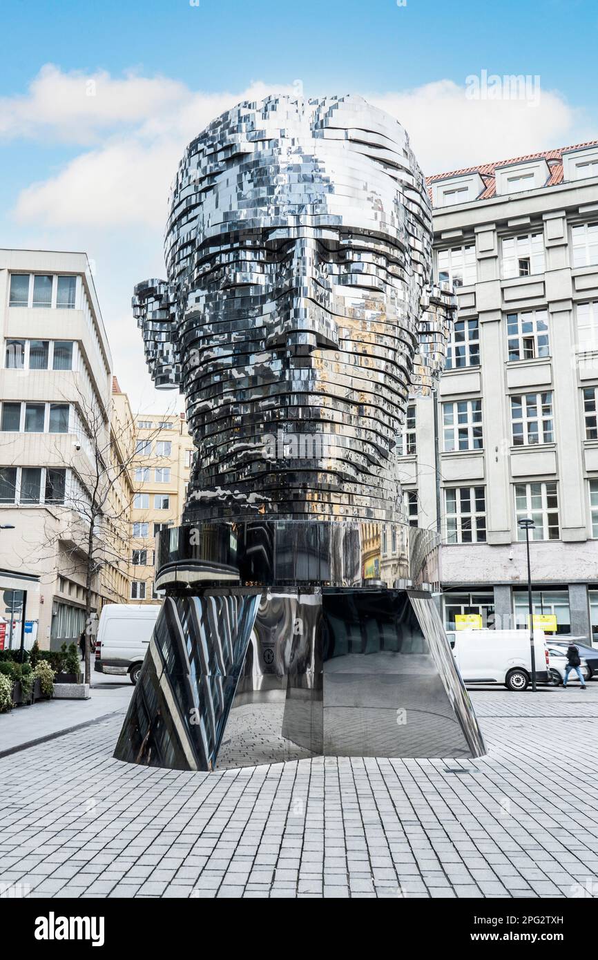 Kafka Rotating Head.  A rotating sculpture of Franz Kafka created by David Cerny  installed outdoors in the centre of Prague Stock Photo