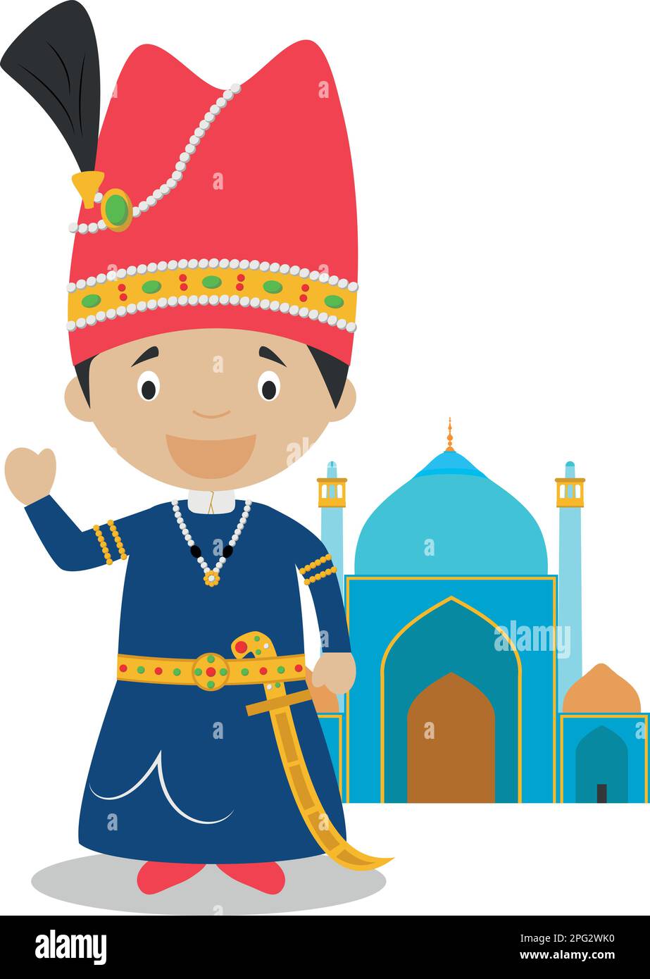 Shah empire cartoon character with Isfahan mosque. Vector Illustration. Kids History Collection. Stock Vector
