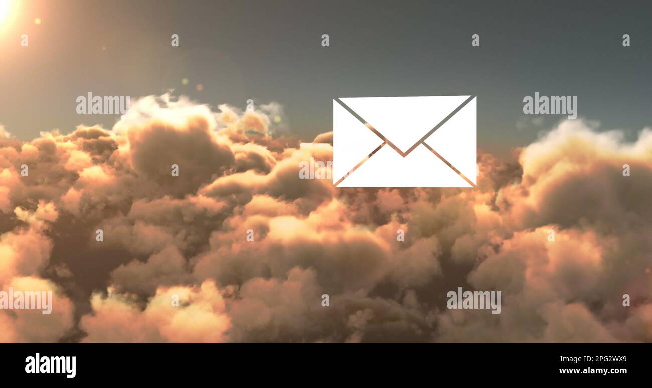 Composition of email envelope icon over clouds Stock Photo