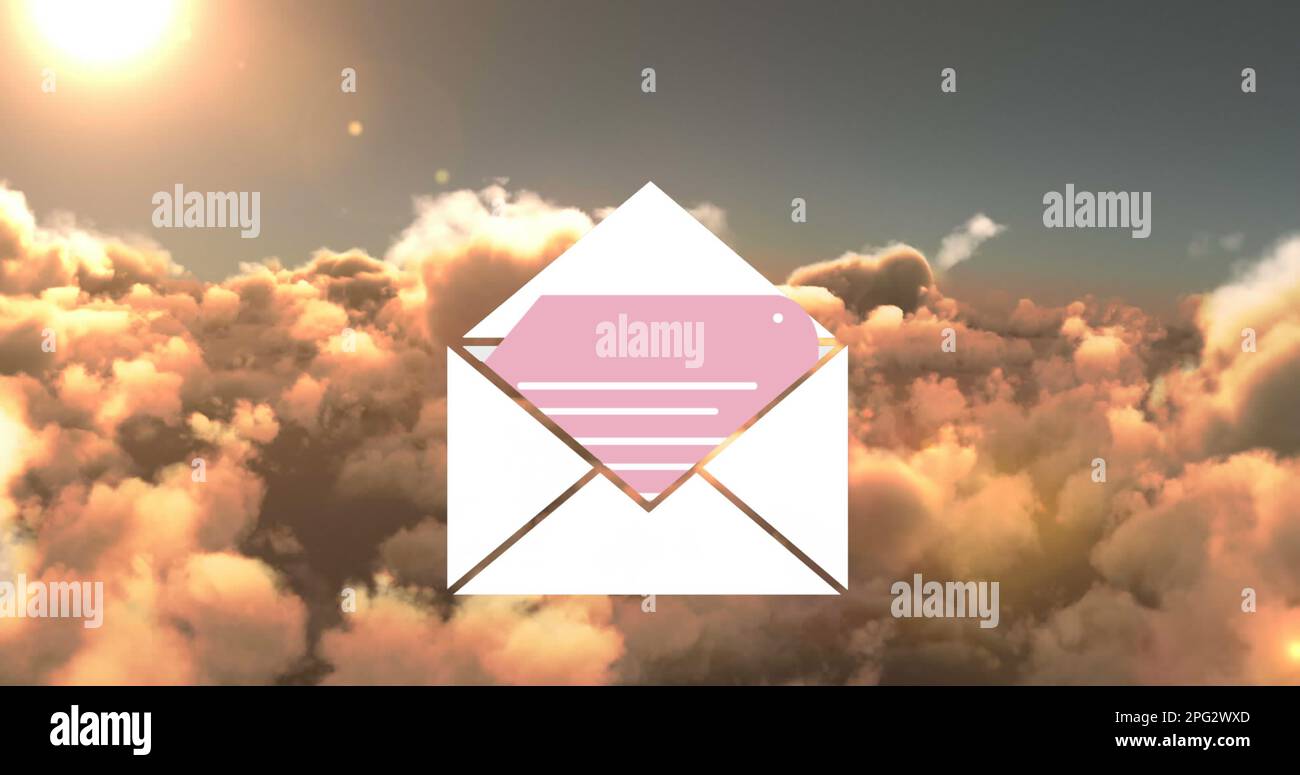 Composition of email envelope icon over clouds Stock Photo