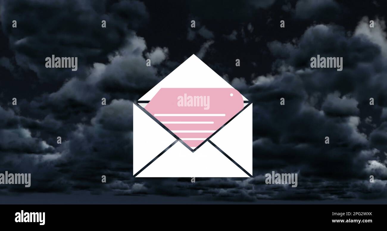 Composition of email envelope icon over clouds Stock Photo