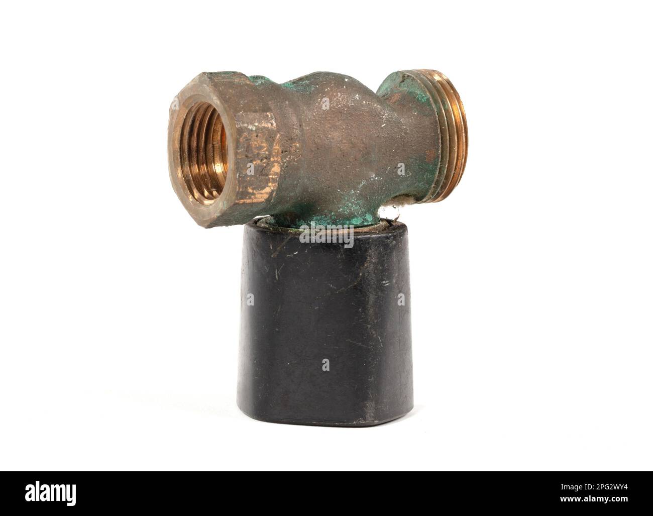 Brass fitting for plumbing pipes, old radiator knob, isolated on white