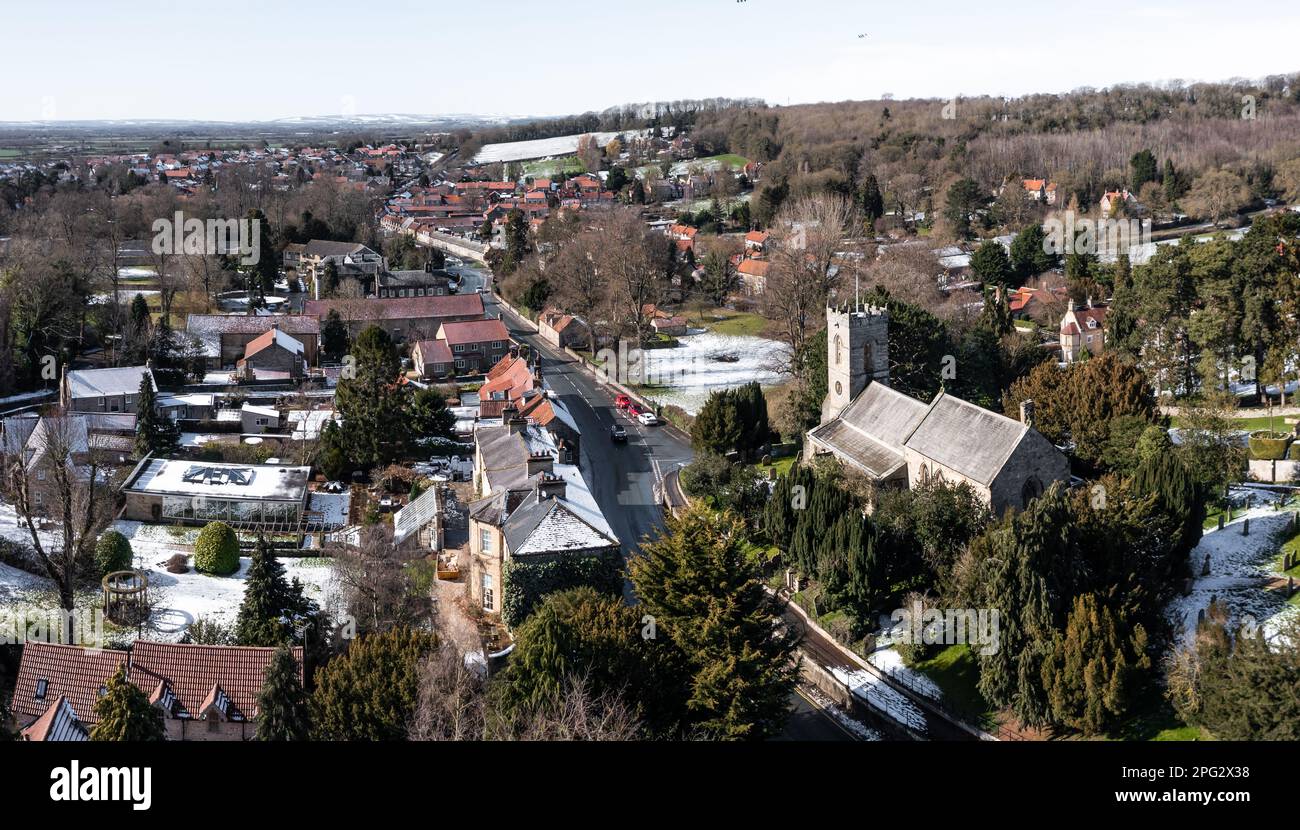 An aerial view of the picturesque village of Thornton Le Dale in the