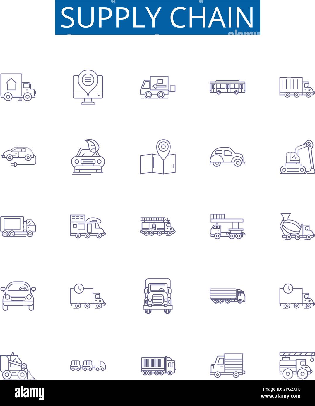 Supply chain line icons signs set. Design collection of Logistics, Supply, Distribution, Procurement, Flow, Management, Manufacturing, Delivery Stock Vector
