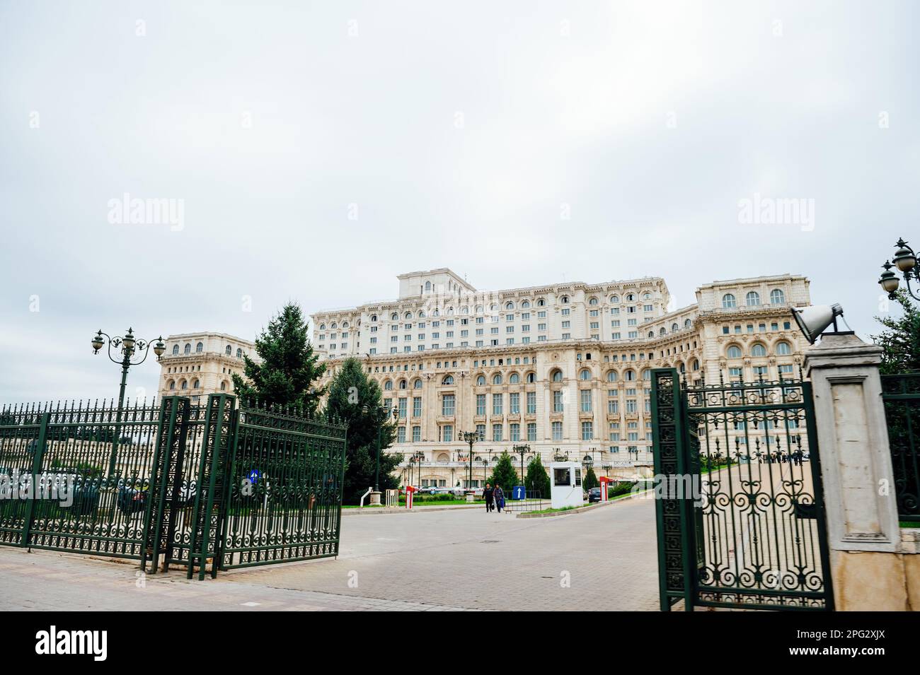 Bucharest, Romania - Oct 1, 2015: A beautiful, historical landmark in Bucharest - the largest building in Romania and famous for its architecture. The Casa Poporului or Palatul Poporului is a popular destination for sightseeing and travel. Stock Photo